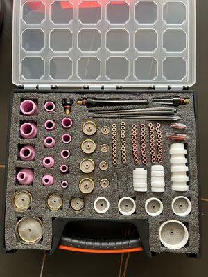 Conjunto de tocha de soldagem TIG com lente de gás, bico de alumínio, eletrodo de tungstênio e corpo de colchão